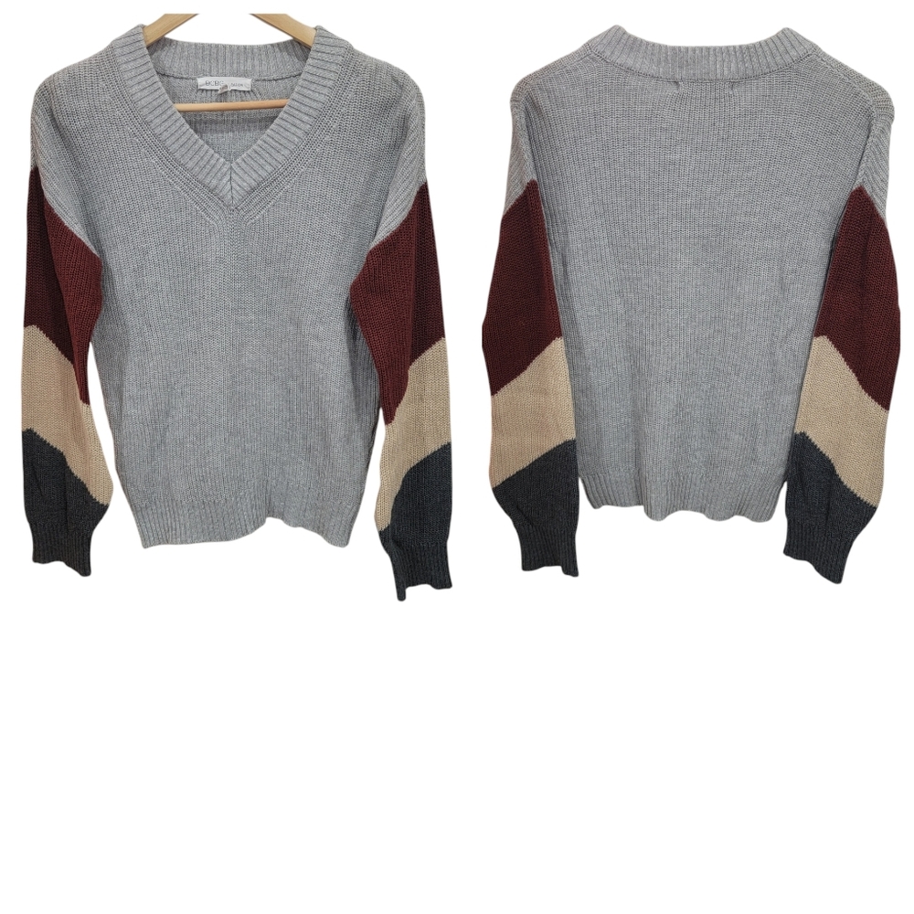 BCBGeneration V-neck Knit Sweater Colorblock Lantern Sleeves Grey Women’… - Picture 2 of 16